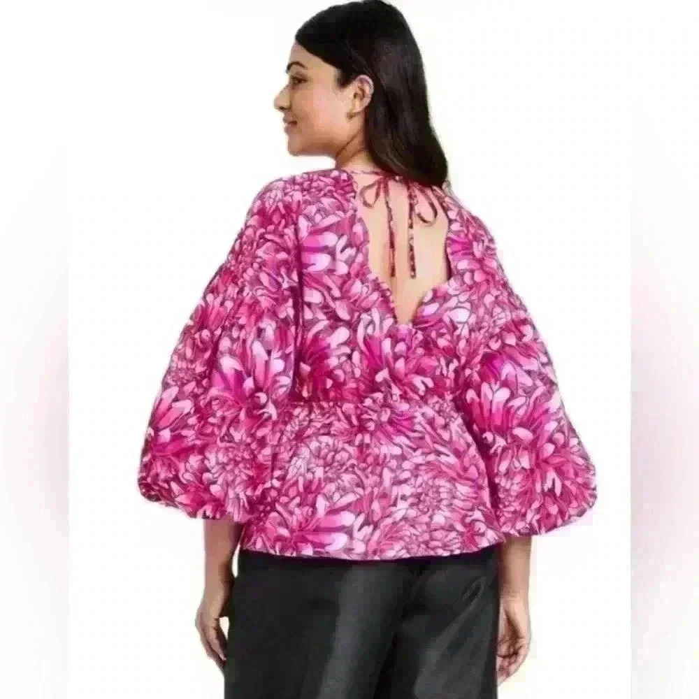 Kika Vargas Pink Floral Tie-Back Puff Sleeve Top